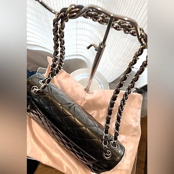 EUC Chanel JUMBO Double Flap Striated Green Quilted Patent Leather Shoulder Bag - Picture 13 of 16